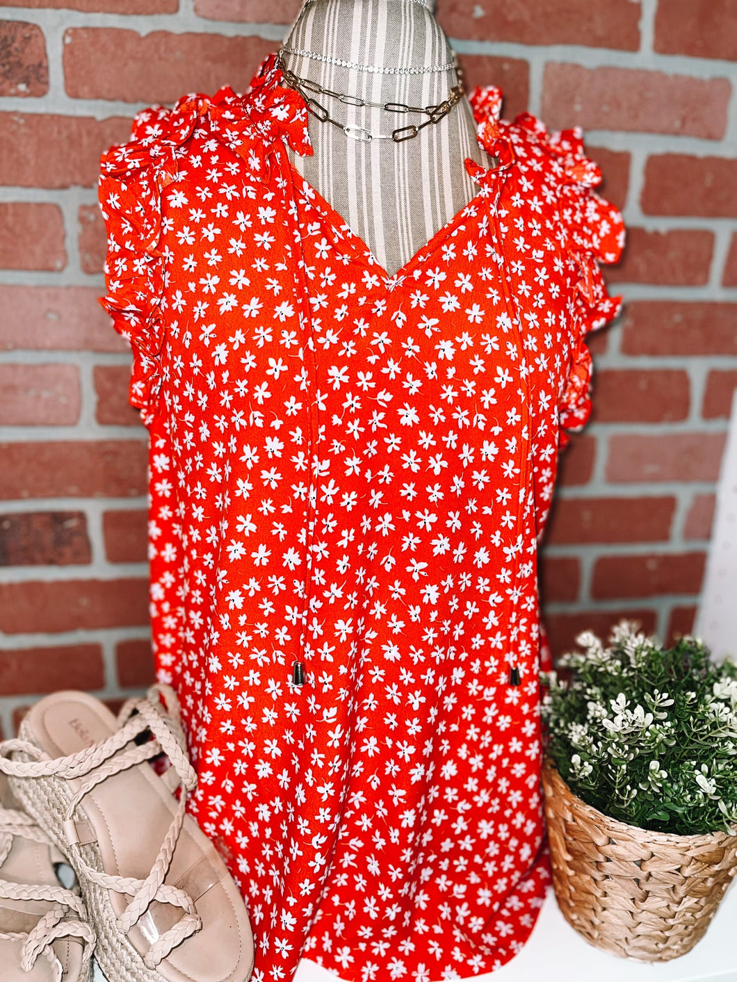 Red Floral Ruffle Tank